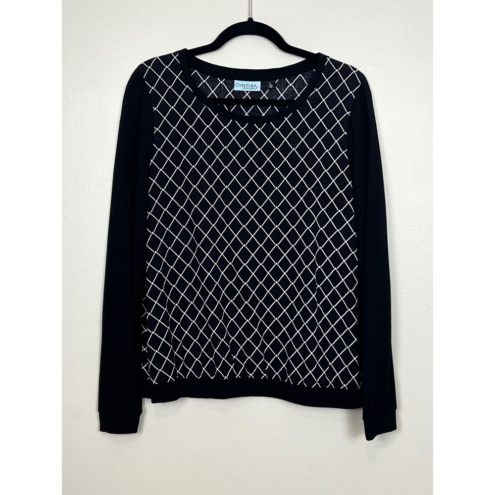 Cynthia Rowley Womens Large Black White Diamond Grid Long Sleeve Top Pullover